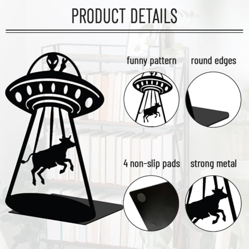 WADORN 1 Pair Alien UFO Cow Metal Decorative Bookend for Shelves, Heavy Duty Book Ends Modern Non-Skid Books Holder Stand Black Book Support Stoppers for Desk Bookshelf Office Home, 5.3x4.3x7.8 Inch - color: Alien Ufo Cow