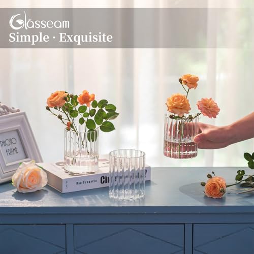 Glasseam Ribbed Glass Candle Holder: Set of 6 Clear Hurricane Candle Holder Cylinder Candle Holders for Pillar Candles Decorative Floating Candle Vases for Centerpieces Wedding Table Decoration 3.94’’ - color: 6, size: Ribbed-4in