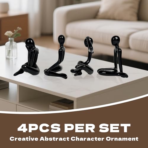4PCS Thinker Style Abstract Black Statue, Modern Simple ABS Abstract Sculpture Decor, for Home Living Room, Restaurant, Office, Bookshelf Decoration, Gifts - color: Black