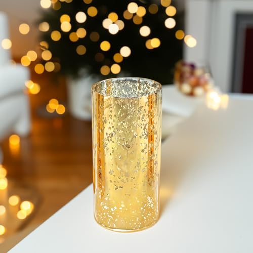 WGVI Hurricane Candle Holder Sleeve, W: 4", Ht: 8", Gold Speckled Glass Cylinder Open Both Ends, Chimney Tube Shade, 1 Piece - size: 4x8"H