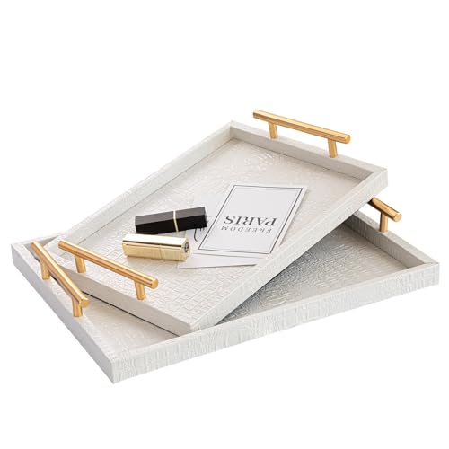 Modern Elegant Large Wood Serving Tray, Set of 2 Pearl White Crocodile Leather with Gold Polished Metal Handles, Home Decorative Rectangle Ottoman Platter Living Room Bathroom Vanity Tray - color: White