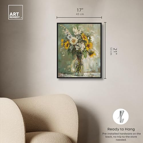 Art Remedy Sunflowers In A Glass Vase Canvas Vintage Farmhouse Wall Art, Black Frame, 16" x 20" - color: Black Frame, size: 21"L x 17"W
