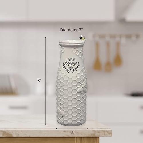 Young's Inc. Ceramic Flower Vase (Bee Happy) - White Ceramic Vase - Honeycomb Decor - 3" L x 3" W x 8" H Contains one Flower vase - color: Vase ("Bee Happy")