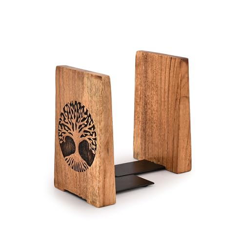 EDHAS Decorative Bookends Iron & Acacia Wood Decorative Bookshelf Book Ends Heavy Duty Bookends Desktop Organize Books (4" X 4" X 6"), (Set of 2)