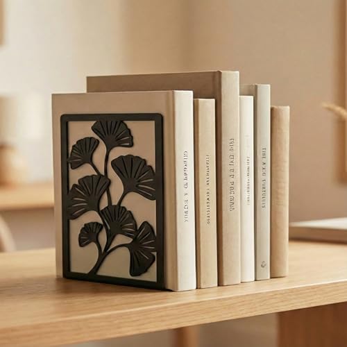 Decorative Bookends, 2 Pcs Ginkgo Leaf Desk Bookends Sturdy Metal Book Organizers for Home Office and Study Room - style: Ginkgo Leaf