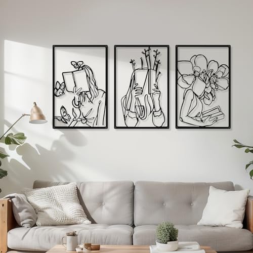 CHENGU 3 Pieces Metal Minimalist Abstract Woman Wall Art Line Drawing Wall Art Decor Single Line Female Home Hanging for Kitchen Bathroom Living Room - style: Reading Style
