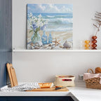 Blue Beach Canvas Wall Art Coastal Floral Vase Wall Decor Picture Ocean Theme Seascape Starfish Conch Poster Print for Bathroom Bedroom Living Room Office Decoration 20x20in - size: 20"L x 20"W