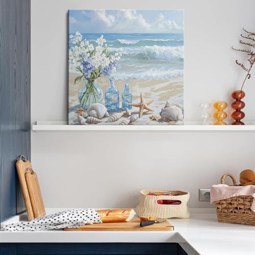 Blue Beach Canvas Wall Art Coastal Floral Vase Wall Decor Picture Ocean Theme Seascape Starfish Conch Poster Print for Bathroom Bedroom Living Room Office Decoration 12x12in - size: 12"L x 12"W
