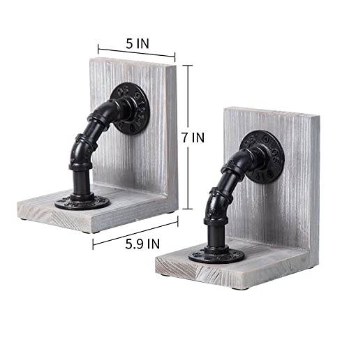 Rustic Decorative Wooden Tabletop Farmhouse Bookends for Heavy Books with Modern Industrial-Style Pipe Office Desktop Bookshelf Organizers Holder Nonskid Shelf Decor for Home Office 1-Pair (Grey) - color: Gray