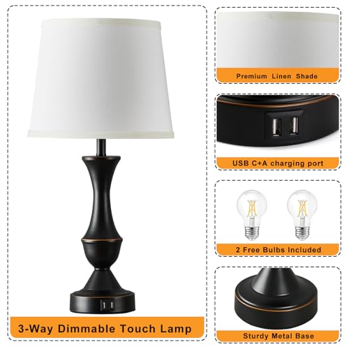 Luvkczc Touch Table Lamps Set of 2, 22" Tall Bedside Lamps with USB C+A Ports,Dimmable Nightstand Lamps, Table lamp for Bedrooms, Living Room, Office, Black Lamp with White Lampshade, Bulbs Included - color: Black, White, size: 22in
