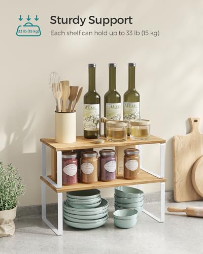 SONGMICS Cabinet Organizer Shelf, Set of 2 Kitchen Counter Shelves, Kitchen Storage, Spice Rack, Stackable, Expandable, Metal and Engineered Wood, Cloud White and Natural Beige UKCS200W01 - color: Cloud White + Natural Beige, size: 15.6"W