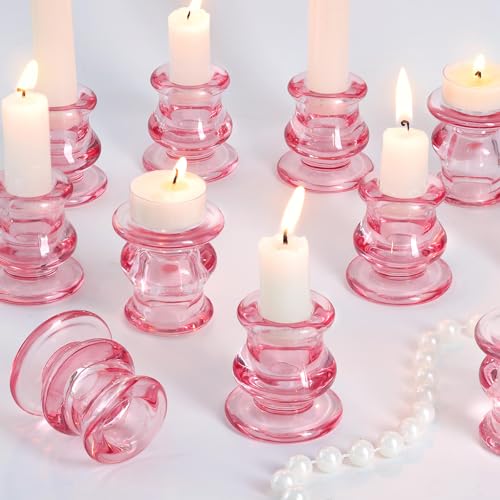 NITIME 12pcs Pink Candlestick Holders, Pink Glass Candle Holders for Pillar Candles, Taper Candle and Tealight Candles, Taper Candle Holders for Wedding, Table Centerpiece - color: Pink