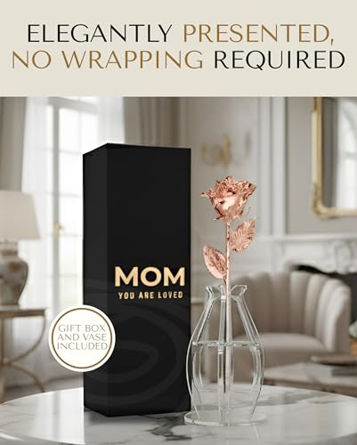 Forever Rose Bloom Box & Phantom Vase Combo, Rose Gold Dipped Rose in a Personalized Gift Box That Says Mom You are Loved Embossed in Gold Foil, Unique & Everlasting Gift for Any Occasion - color: Rose Gold Rose (Vase & Mom You Are Loved Box)