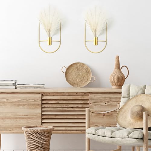 Peryiter 2 Pcs Boho Wall Decor Metal Gold Wall Art Hanging Planters with Artificial Pampas Modern Home Decor Display Art for Living Room Bedroom Bathroom(Oval) - style: Oval