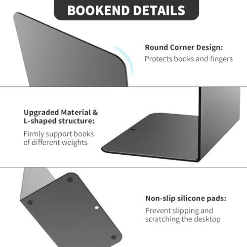 Book Ends, 4 Pieces Metal Bookend for Shelves, Bookends for Heavy Books, Book Holders for Shelves, Desk Organizers, Book Dividers for Office, School, Bookstore, Home - color: A-black-frosted Surface, size: 4 Pieces