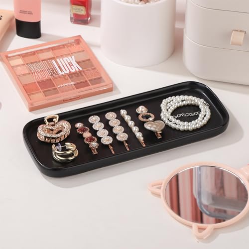 VanEnjoy Set of 2 Ceramic Tray for Kitchen Counter, Black Vanity Tray for Bathroom Counter, Long Narrow Tray for Soap Bottles - color: Black