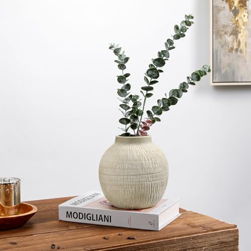 7" Short Round Clay Vase with Vertical Engravings Texture, Sand-Grain Tactile, Wide Ceramic Vase for Cafe Centerpiece Decor, Bohemian Style, Small & Beige White - color: 7" Cream White