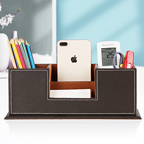 KINGFOM™ Double Holder Wood Leather Multi-Function Desk Stationery Organizer Dark Brown - color: Brown-l