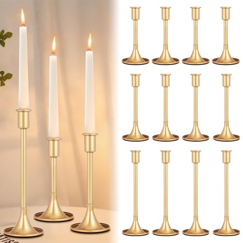 12 Pcs Gold Taper Candle Holders Lengthen with Anti-Slip Pad Vintage Low Metal Candles Metal Gold Candlestick Holder Set for Table Centerpiece,Weddings, Dinners Christmas Decor, 3 Sizes