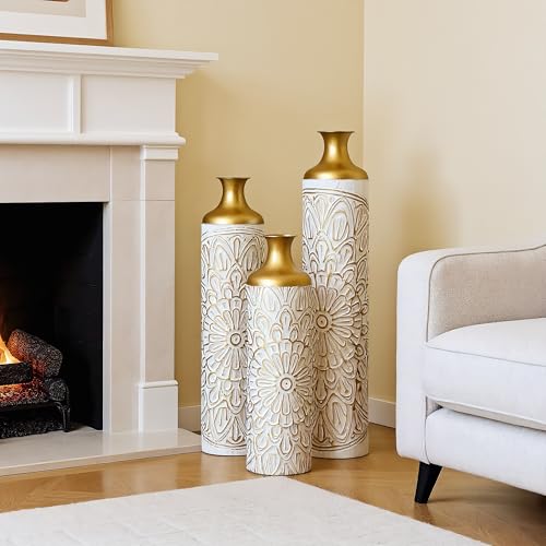 Floor Vases, Tall Home Decor Metal Vase Set of 3 Large Glazed Decorative Vases for Wedding Decor, Elegant Modern Flower Holder for Living Room, Entryway, Hallway, Dining Room - color: Floral Ivory Gold