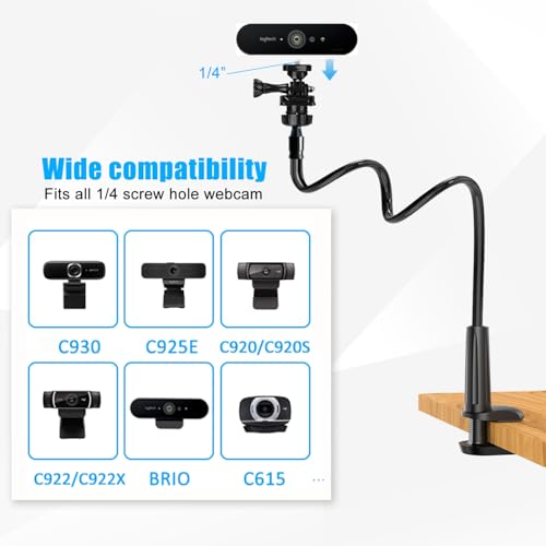 Webcam Stand for Desk, Flexible Gooseneck Webcam Mount Holder Arm with Phone Holder, Web Cam Stand Computer Camera Desk Mount for Logitech C922 C930e C920S C920 C615 C960 C920x BRIO 4K NexiGo N60