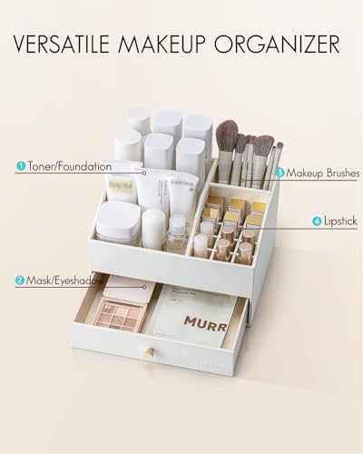 VLANDO Makeup Organzier,Vanity Organizer with Drawers, PU Leather Skincare Organizer Perfume Organizer,Large Cosmetic Display Case for Lipstick,Brushes Gifts for Women-White - color: 2 layers-White