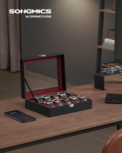 SONGMICS Watch Box, 10-Slot Watch Case Organizer with Large Glass Lid, Removable Pillows, Gift for Loved Ones, Black Synthetic Leather, Wine Red Lining UJWB010R01 - color: Black + Wine Red, size: 10 Slot