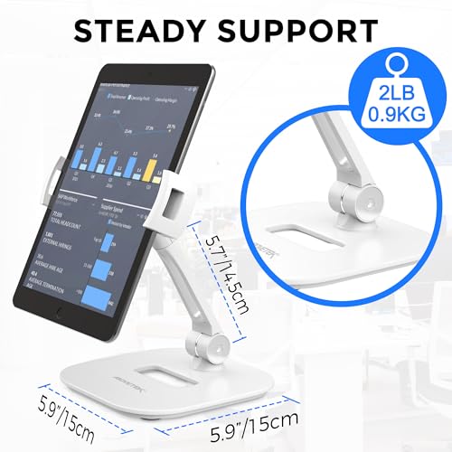 AboveTEK Tablet Stand Holder, Stylish Aluminum iPad Stands, Foldable 360° Swivel iPad iPhone Table Stand Holder fits 4-11" Tablets/Smartphones for Kitchen Bedside Office POS Showroom Reception (White) - color: White, size: 4"-11"