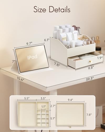 VLANDO Makeup Organzier,Vanity Organizer with Drawers, PU Leather Skincare Organizer Perfume Organizer,Large Cosmetic Display Case for Lipstick,Brushes Gifts for Women-Beige - color: 2 layers-Beige