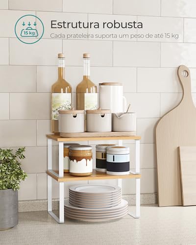 SONGMICS Cabinet Organizer Shelf, Set of 2 Kitchen Counter Shelves, Kitchen Storage, Spice Rack, Stackable, Expandable, Metal and Engineered Wood, Cloud White and Natural Beige UKCS02NW - color: Cloud White + Natural Beige, size: 11.7"W
