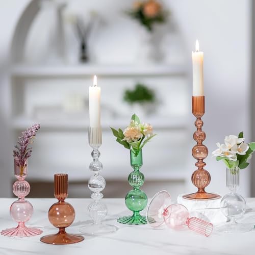 Hewory Glass Candlestick Holders Set: 3PCS Clear Candle Holder Taper Candle Holders Bulk, Crystal Ribbed Candle Sticks Holder Decor for Table Centerpiece Wedding Christmas Thanksgiving Dinner - color: Clear