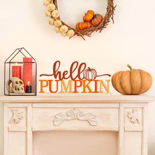 COCHIE Metal Hello Pumpkin Sign, Orange Fall Decorations for Home, Office, Shelf, Mantel, Indoor, Autumn Pumpkin Decoration, Hello Fall Decor (Autumn A) - style: Autumn A