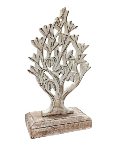 VANIYA CRAFTS® Rustic Wooden Tree Shape Table Sculpture – Handmade Carved Home Decor Accent for Living Room, Bedroom, Entryway, or Office (Antique White Finish)