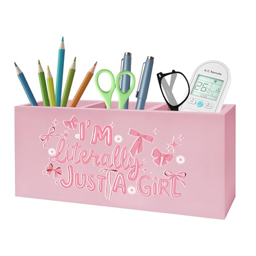 I'm Literally Just A Girl Makeup Brush Toothbrush Holder, Trendy Pink Coquette Bow Wooden Pen Pencil Holder Organizer for Dorm Bedroom Desk Accessories, Back to School Gifts for Girls - color: Color-Desk accessories pink 17