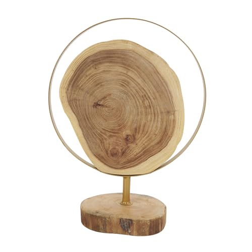 Deco 79 Wood Abstract Handmade Decorative Sculpture Live Edge Slab Home Decor Statues with Gold Metal Rings, Set of 2 Accent Figurines 14", 11"H, Brown - size: 14", 11"H