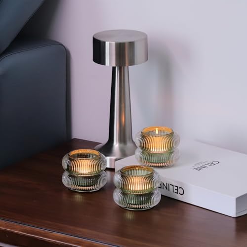 Woho Ribbed Glass Votive Candle Holders Set of 6, Vintage Tealight Candle Holder for Wedding Decor, Elegant Tea Lights Candle Holder for Dinner Table/Christmas Decorations(Green, 2.1" H X 2.75" D) - color: Green