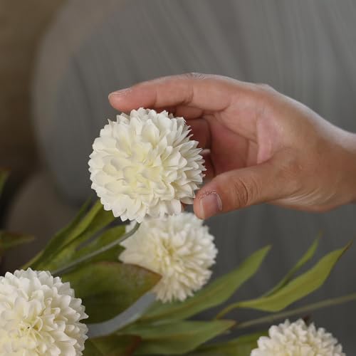 VIERENA 6 Pcs Faux Silk Pompon Mum Artificial Flowers for Vase -27", Bulk Fake Chrysanth Branches with Stems for DIY Bouquet Centerpieces Wedding Fillers Arrangements Shower Decorations (Cream) - color: Cream