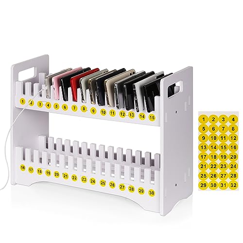 Cell Phone Holder Classroom Cell Phone Storage 2-Tier Multiple Cell Phone Stand Rack with 1-30 Number Stickers PVC Board Mobile Phone Holder Desktop Organizer for Classroom Office (30 Slots) - color: White