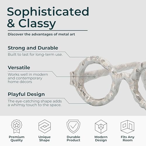 Round Glasses Decorative Object – Aluminum Sculpture Modern Home Decor Ornament – Shelf Styling & Coffee Table Decor for Bathroom, Office & Living Room – 7"x3", Silver - color: Silver Round