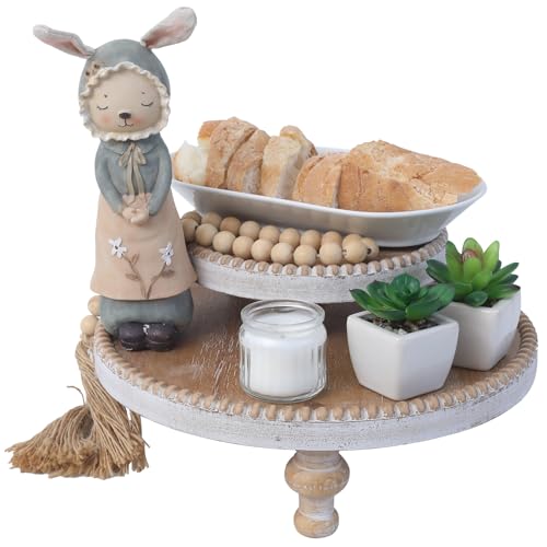 SwallowLiving Rustic Set of 2 Round Wood Tray Riser Farmhouse Pedestal Stand with Beaded Edge for Decor Wooden Finish Cupcake Display for Cakes and Decorative Items 11.8/7.5 inches - color: Set of 2 Burlywood