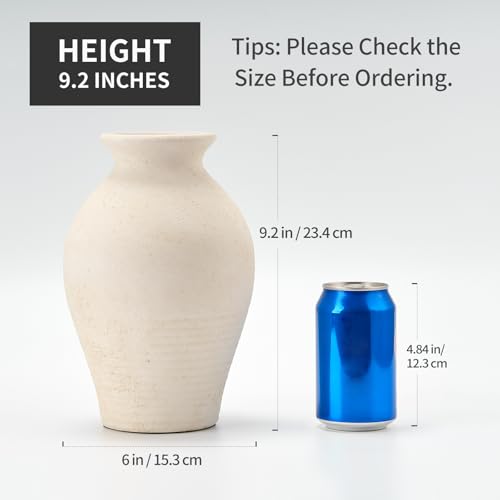 LUKA Ceramic Rustic Farmhouse Vase, 9.2 inch Whitewashed Terracotta Vase, Pottery Decorative Vases,Clay Decorative Vases for Home Decor, Table, Living Room, Shelf, Mantel Decoration(Off-White) - color: Off-white