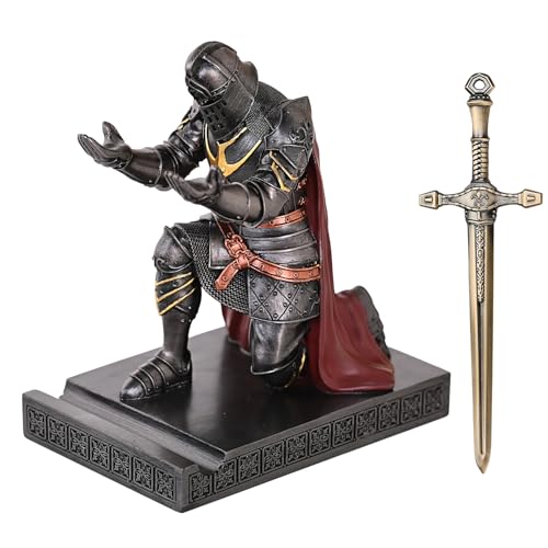 King's Guard Leader Cloak Warrior Knight Pen Holder Mobile Phone Stand, Ornament Knight Statue, Pen Stand Paperweight for Office and Home (Iron) - color: Iron