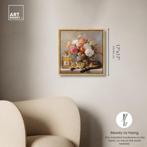 Art Remedy Cat Floral Vase Perfume Canvas Fashion Pet Art, Gold Frame, 16" x 16" - color: Gold Frame, size: 17"L x 17"W