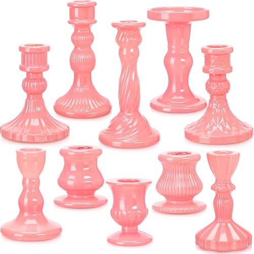 Mumufy 10 Pcs Glass Crystal Taper Candle Holders Clear Glass Candlestick Holder Fit 0.8 Inch Candles Crystal Decorative Candle Stand Centerpiece Table Wedding Dining Party (Classic,Cream Pink) - color: Cream Pink