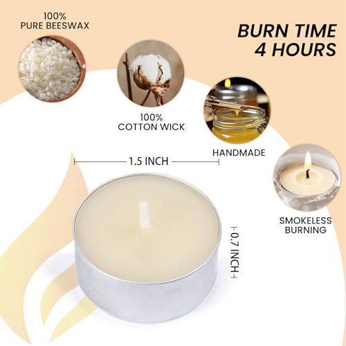 50-Pack Pure Beeswax Tealight Candles in Aluminum Cups - 4-5 Hour Burn Time, Lead-Free Cotton Wick, Natural Unscented Candles，White - color: White