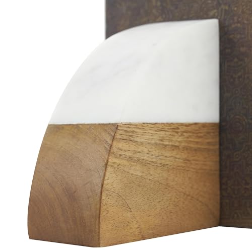 Deco 79 Mango Wood Geometric Decorative Bookends Arched 5 lbs Non Skid Bookends with White Marble Tops, Set of 2 Office Bookends5 W, 5" H, Brown - size: 5"W, 5"H