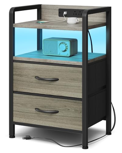 Lazzanto Night Stand Bedside Charger Bedroom - Grey Nightstand with Charging Station & LED Light Strip, Morden End Table with USB Ports & AC Outlets, Night Stand with Storage Shelf & 2 Fabric Drawers - color: Grey, size: 2 Drawers