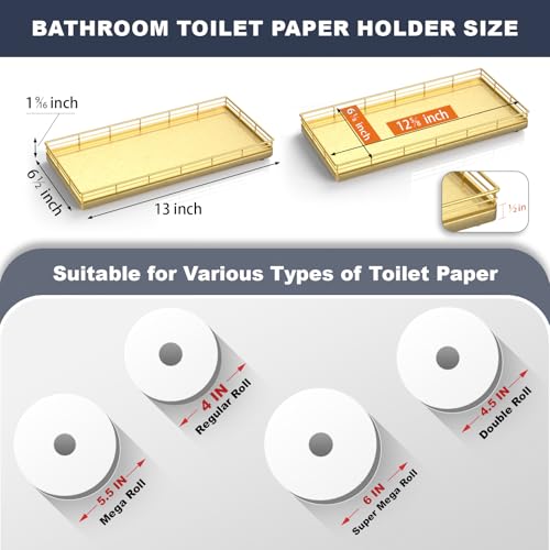 Oak Bathroom Toilet Tank Tray, 13" Wood Toilet Paper Storage Basket Back of Toilet Basket Organizer, Vanity Tray for Perfume Makeup Candle Kitchen Counter Coffee Table Decor, Gold - color: All Golden, size: 13" x 6.5" x 1.5"