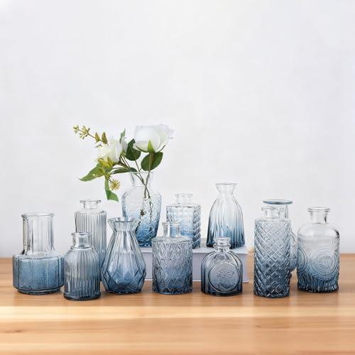 Bud Vases Set of 12, Small Mini Glass Vases for Centerpieces - Elegant Vintage Style - Perfect for Table Decor, Wedding, Party Centerpieces - Great Gift for Home Decor Lovers (Ombre Blue) - color: Ombre Blue-12pcs