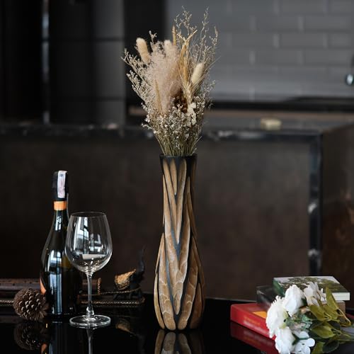 AeraVida Beautifully Hand Carved Etched Dark Brown Mango Tree Wood Vase | 14 inch | Classic Flower Vase